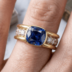 Yellow Gold Half Bezel Cushion Cut Blue Sapphire Cocktail Ring For Women
