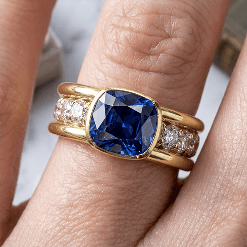 Channel Setting Half Bezel Cushion Cut Blue Sapphire Engagement Ring