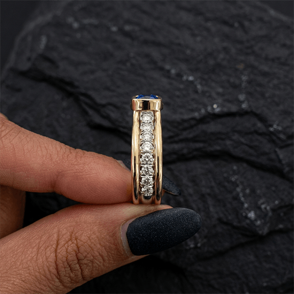 Yellow Gold Half Bezel Cushion Cut Blue Sapphire Cocktail Ring For Women