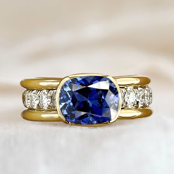 Two Tone Bezel Cushion Cut Blue Sapphire Engagement Ring For Women Belovegrace