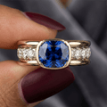 Yellow Gold Half Bezel Cushion Cut Blue Sapphire Cocktail Ring For Women