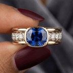 Yellow Gold Half Bezel Cushion Cut Blue Sapphire Cocktail Ring For Women