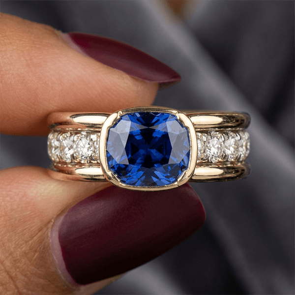 Channel Setting Half Bezel Cushion Cut Blue Sapphire Engagement Ring