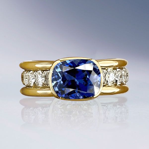 Two Tone Bezel Cushion Cut Blue Sapphire Engagement Ring For Women Belovegrace