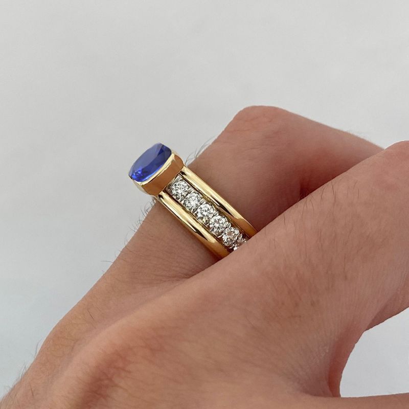 Two Tone Bezel Cushion Cut Blue Sapphire Engagement Ring For Women Belovegrace