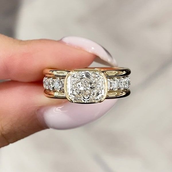 Two Tone Bezel Cushion Cut White Sapphire Engagement Ring For Women Belovegrace