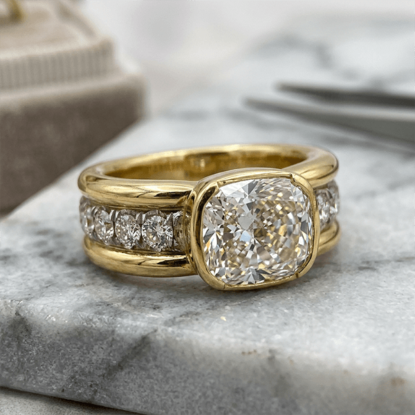 Channel Setting Half Bezel Cushion Cut White Sapphire Engagement Ring