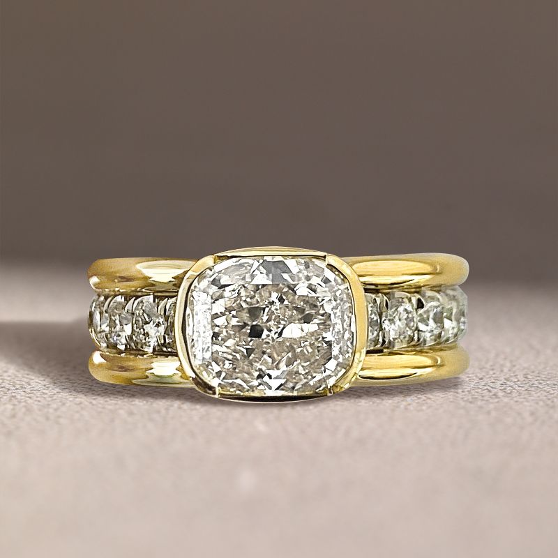 Two Tone Bezel Cushion Cut White Sapphire Engagement Ring For Women Belovegrace
