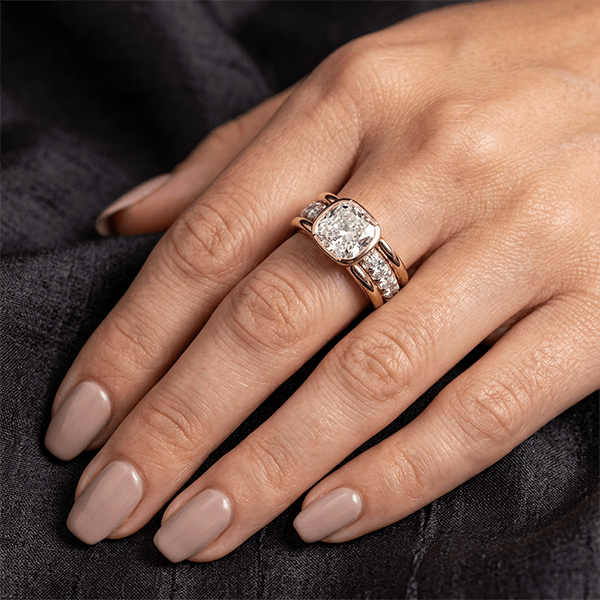 Channel Setting Half Bezel Cushion Cut White Sapphire Engagement Ring