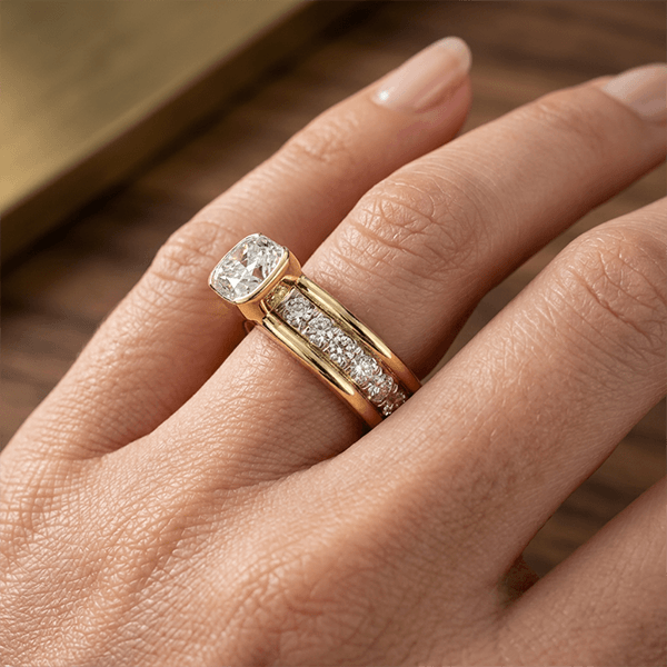 Channel Setting Half Bezel Cushion Cut White Sapphire Engagement Ring