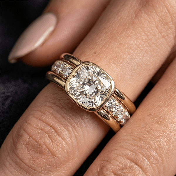 Channel Setting Half Bezel Cushion Cut White Sapphire Engagement Ring