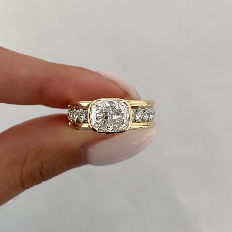 Two Tone Bezel Cushion Cut White Sapphire Engagement Ring For Women Belovegrace