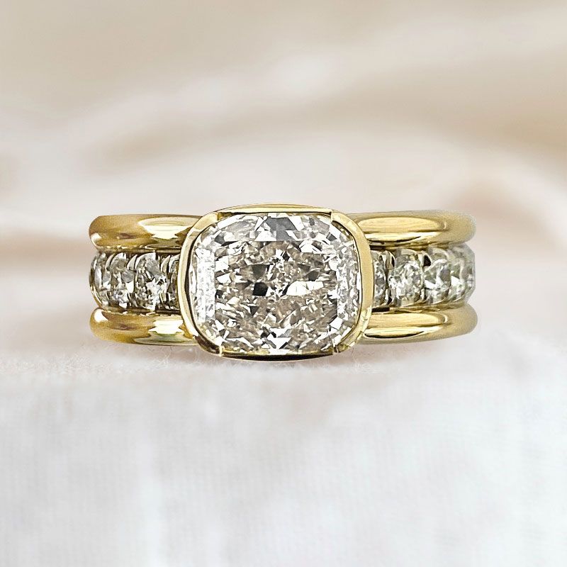 Two Tone Bezel Cushion Cut White Sapphire Engagement Ring For Women Belovegrace