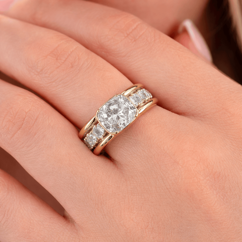 Channel Setting Half Bezel Cushion Cut White Moissanite Engagement Ring