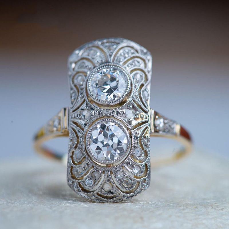 Art Deco Two Tone White Sapphire Round Cut Engagement Ring For Women Belovegrace
