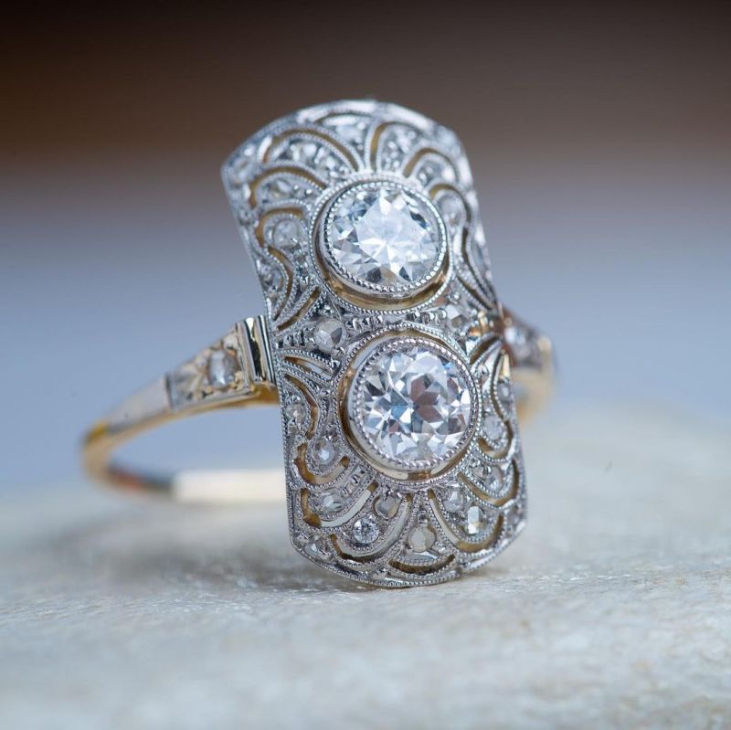 Art Deco Two Tone White Sapphire Round Cut Engagement Ring For Women Belovegrace
