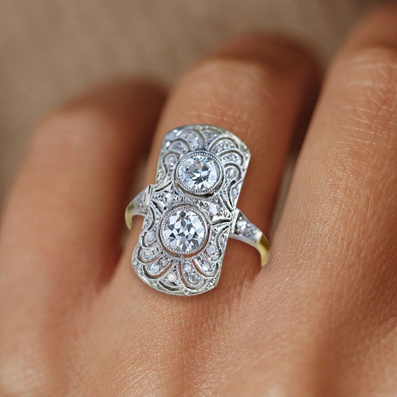 Art Deco Two Tone White Sapphire Round Cut Engagement Ring For Women Belovegrace