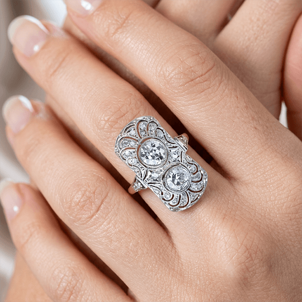 Luxury Filigree Double Halo Round Cut White Sapphire Engagement Ring