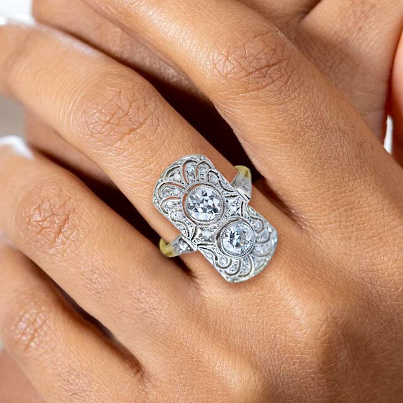 Art Deco Two Tone White Sapphire Round Cut Engagement Ring For Women Belovegrace