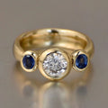 Bezel Round & Oval Cut White & Blue Sapphire Three Stone Engagement Ring For Women Belovegrace