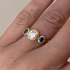 Bezel Round & Oval Cut White & Blue Sapphire Three Stone Engagement Ring For Women Belovegrace