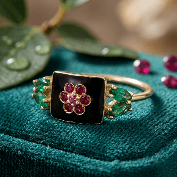 Vintage Floral Motif Round Cut Ruby & Emerald & Black Sapphire Engagement Ring
