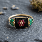 Vintage Floral Motif Round Cut Ruby & Emerald & Black Sapphire Engagement Ring