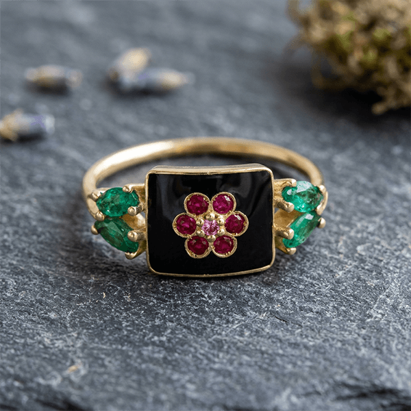 Vintage Floral Motif Round Cut Ruby & Emerald & Black Sapphire Engagement Ring