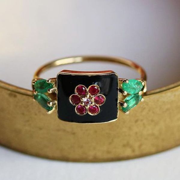 Vintage Golden Round Cut Ruby Sapphire Flora Engagement Ring For Women Belovegrace