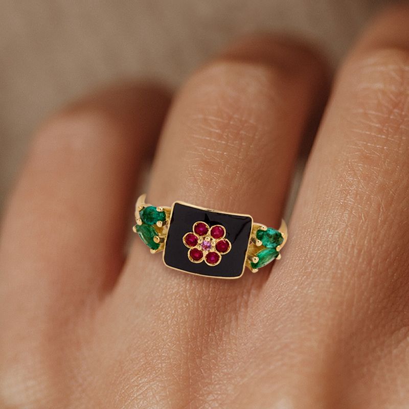 Vintage Golden Round Cut Ruby Sapphire Flora Engagement Ring For Women Belovegrace