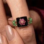 Vintage Floral Motif Round Cut Ruby & Emerald & Black Sapphire Engagement Ring
