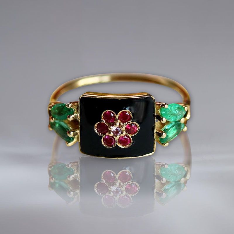 Vintage Golden Round Cut Ruby Sapphire Flora Engagement Ring For Women Belovegrace