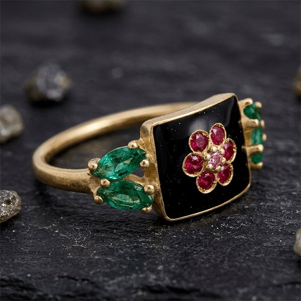Vintage Floral Motif Round Cut Ruby & Emerald & Black Sapphire Engagement Ring