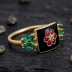 Vintage Floral Motif Round Cut Ruby & Emerald & Black Sapphire Engagement Ring