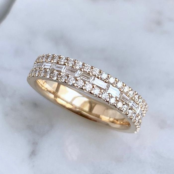 Golden Triple Row Round & Baguette Cut White Sapphire Half Eternity Wedding Band For Women Belovegrace