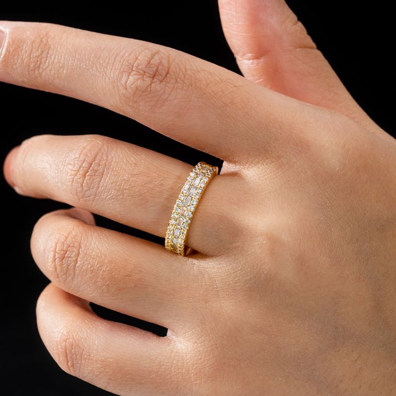 Golden Triple Row Round & Baguette Cut White Sapphire Half Eternity Wedding Band For Women Belovegrace