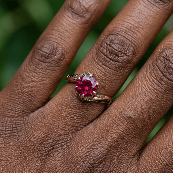 Unique Floral Setting Rose Gold Round Cut Lab Ruby Sapphire Engagement Ring