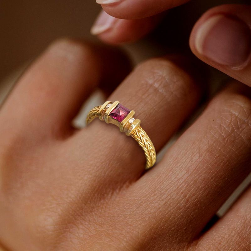 Art Deco Three Stone Ruby Sapphire Asscher Cut Engagement Ring For Women Belovegrace