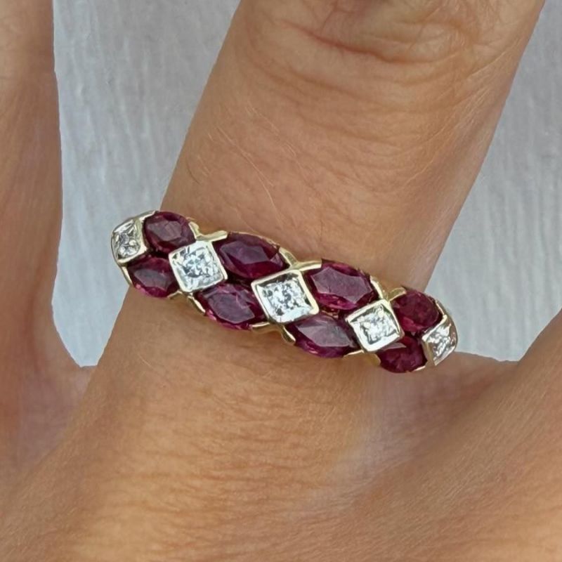 Two Tone Marquise & Round Cut Ruby & White Sapphire Wedding Band For Women Belovegrace