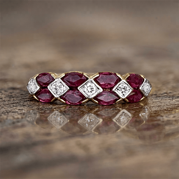 Alternating Lab Ruby & White Sapphire Marquise & Round Cut Wedding Band Ring