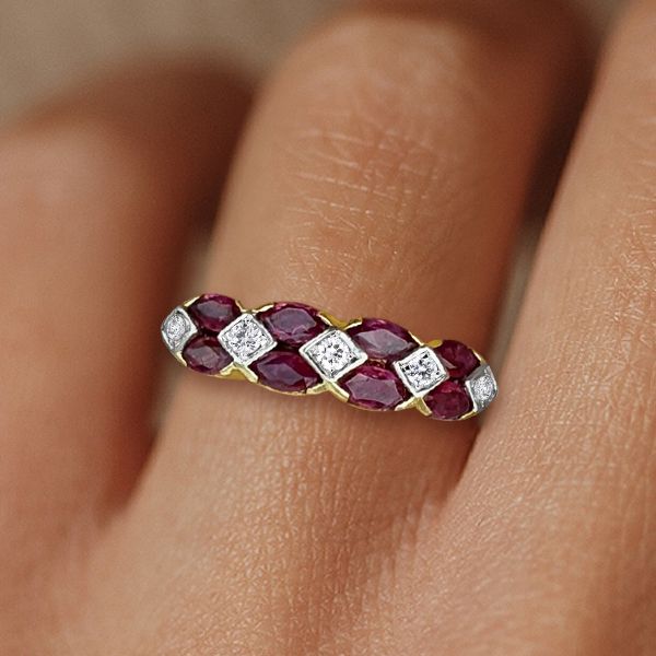 Two Tone Marquise & Round Cut Ruby & White Sapphire Wedding Band For Women Belovegrace