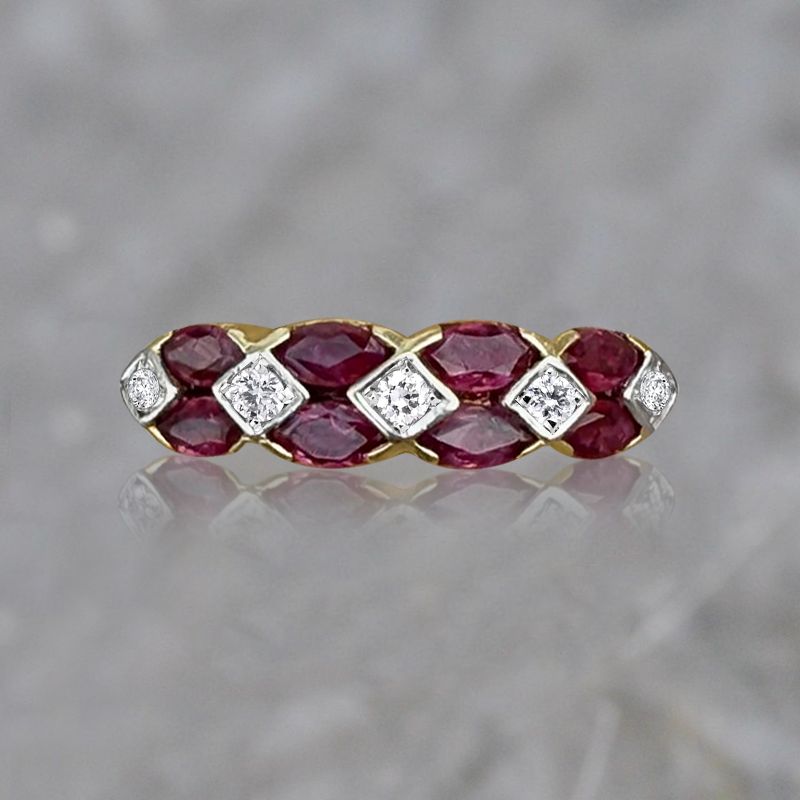 Two Tone Marquise & Round Cut Ruby & White Sapphire Wedding Band For Women Belovegrace