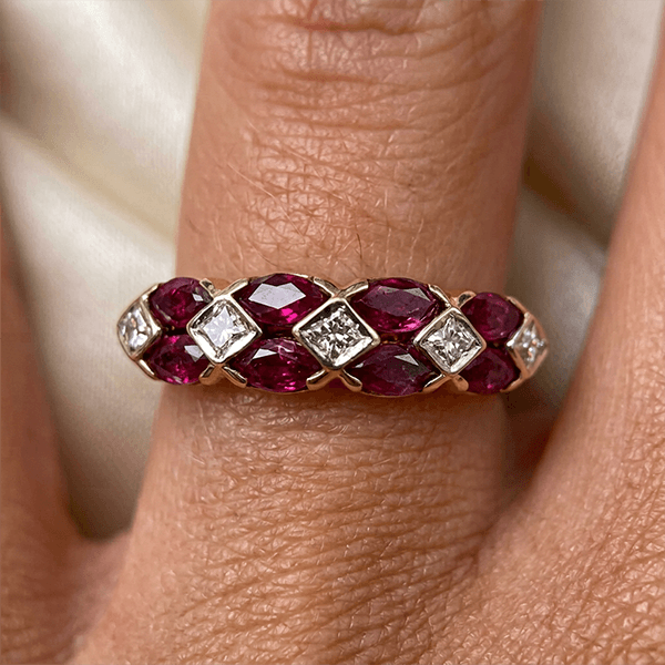 Alternating Lab Ruby & White Sapphire Marquise & Round Cut Wedding Band Ring