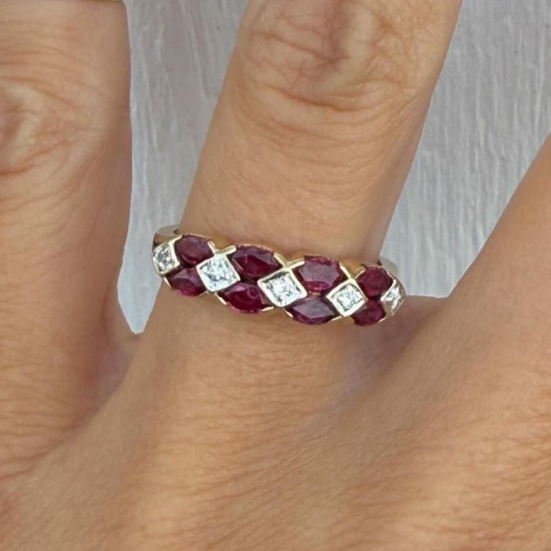 Two Tone Marquise & Round Cut Ruby & White Sapphire Wedding Band For Women Belovegrace