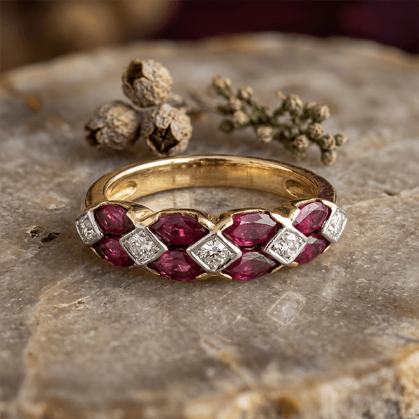 Alternating Lab Ruby & White Sapphire Marquise & Round Cut Wedding Band Ring