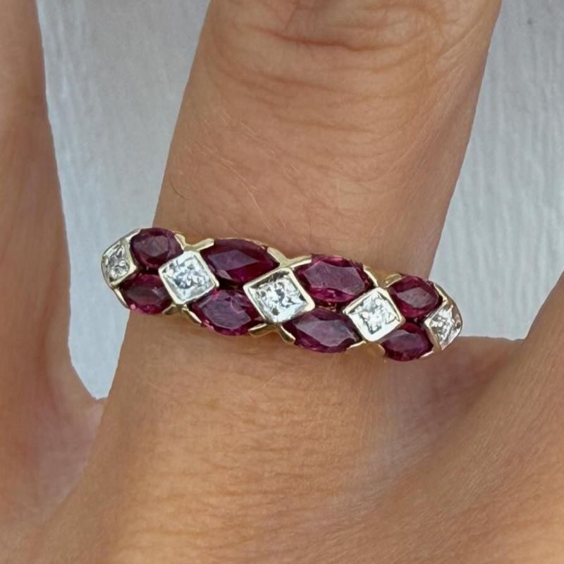 Two Tone Marquise & Round Cut Ruby & White Sapphire Wedding Band For Women Belovegrace