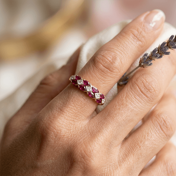 Alternating Lab Ruby & White Sapphire Marquise & Round Cut Wedding Band Ring