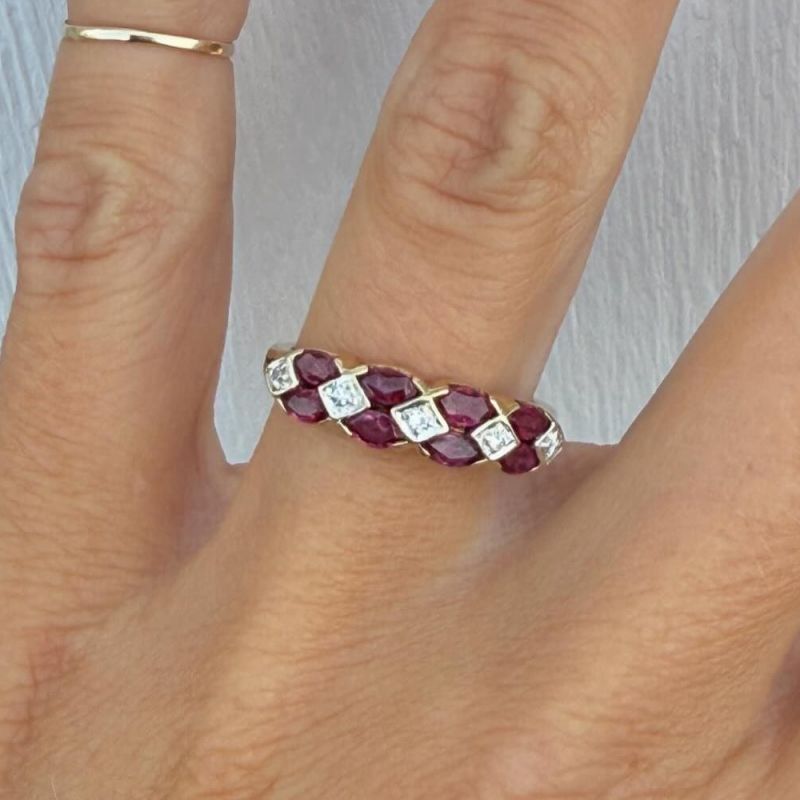 Two Tone Marquise & Round Cut Ruby & White Sapphire Wedding Band For Women Belovegrace