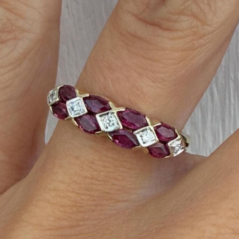 Two Tone Marquise & Round Cut Ruby & White Sapphire Wedding Band For Women Belovegrace