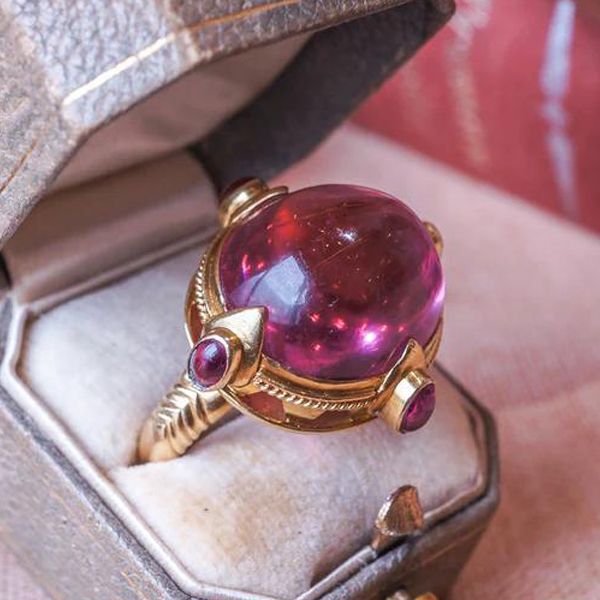 Art Deco Golden Oval Cabochon Cut Red Sapphire Cocktail Ring For Women Belovegrace